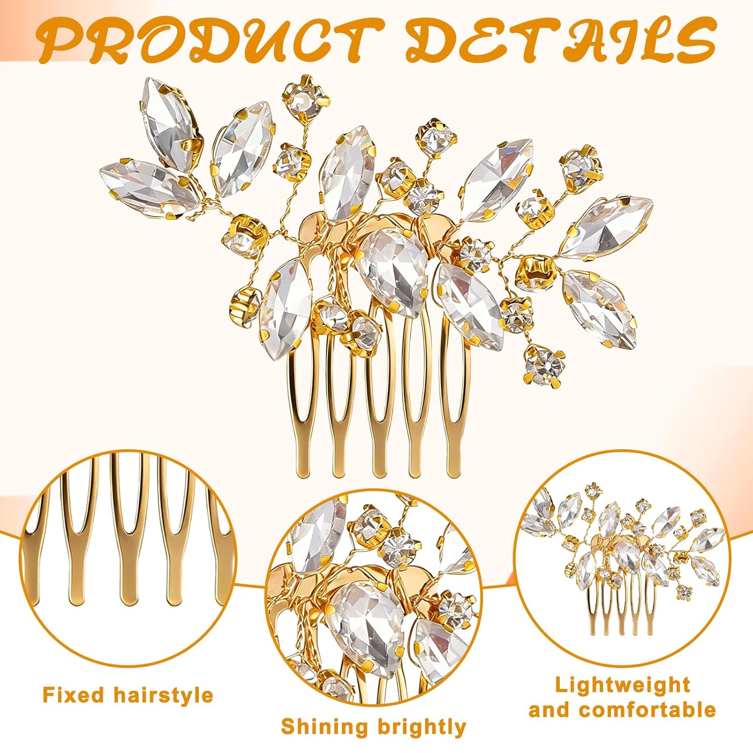 2 Pcs Bridal Hair Comb Gold Hair Piece Accessory Gold Rhinestone Hairs Accessories Golden Hairs Piece Sparkle Metal Crystal Accessories for Bride Bridesmaids — image 2