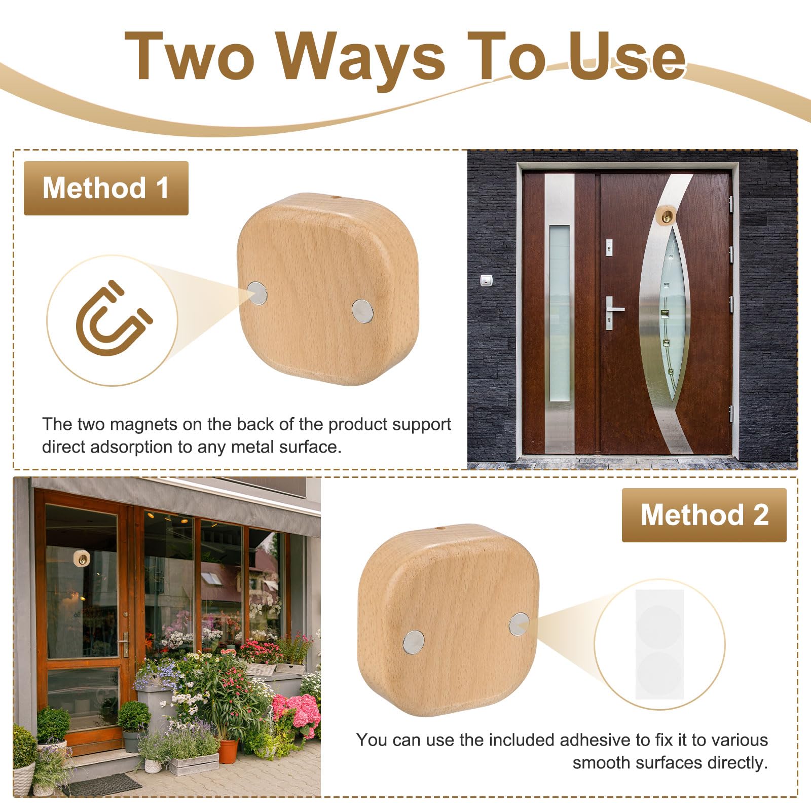 1 Piece Vintage Wooden Door Bell with Copper Chime and Magnetic Mount for Entryways and Bedrooms, Beech Square Design — image 4