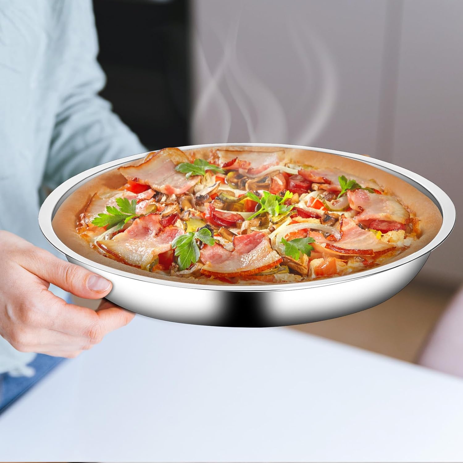 Vin Beauty 4 Pack 13 Inch Deep Dish Pizza Pan Stainless Steel Round Pizza Tray for Oven, Deep Dish Metal Stainless Steel Pie Pan Baking for Oven Cookie Cake — image 6
