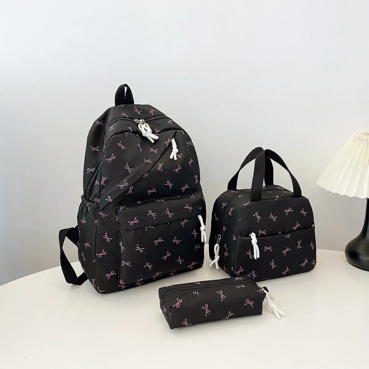 Sweet Bowknot 3-Piece Backpack Set! Large Capacity & Ergonomic Support, Splash-Resistant, Backpack+Tote+Pencil Case, Perfect Gift for School /black