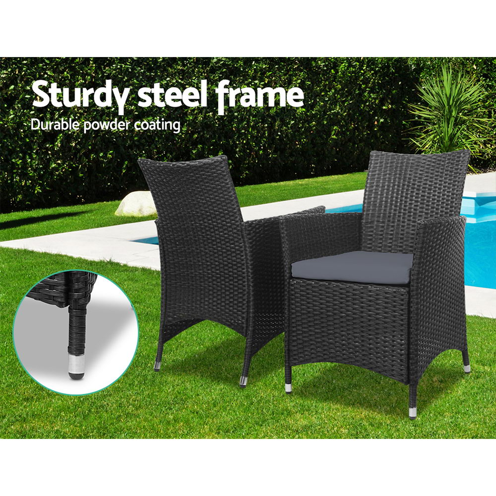 Gardeon 3PC Outdoor Bistro Set Patio Furniture Wicker Chairs Table Cushion All Black โ image 4