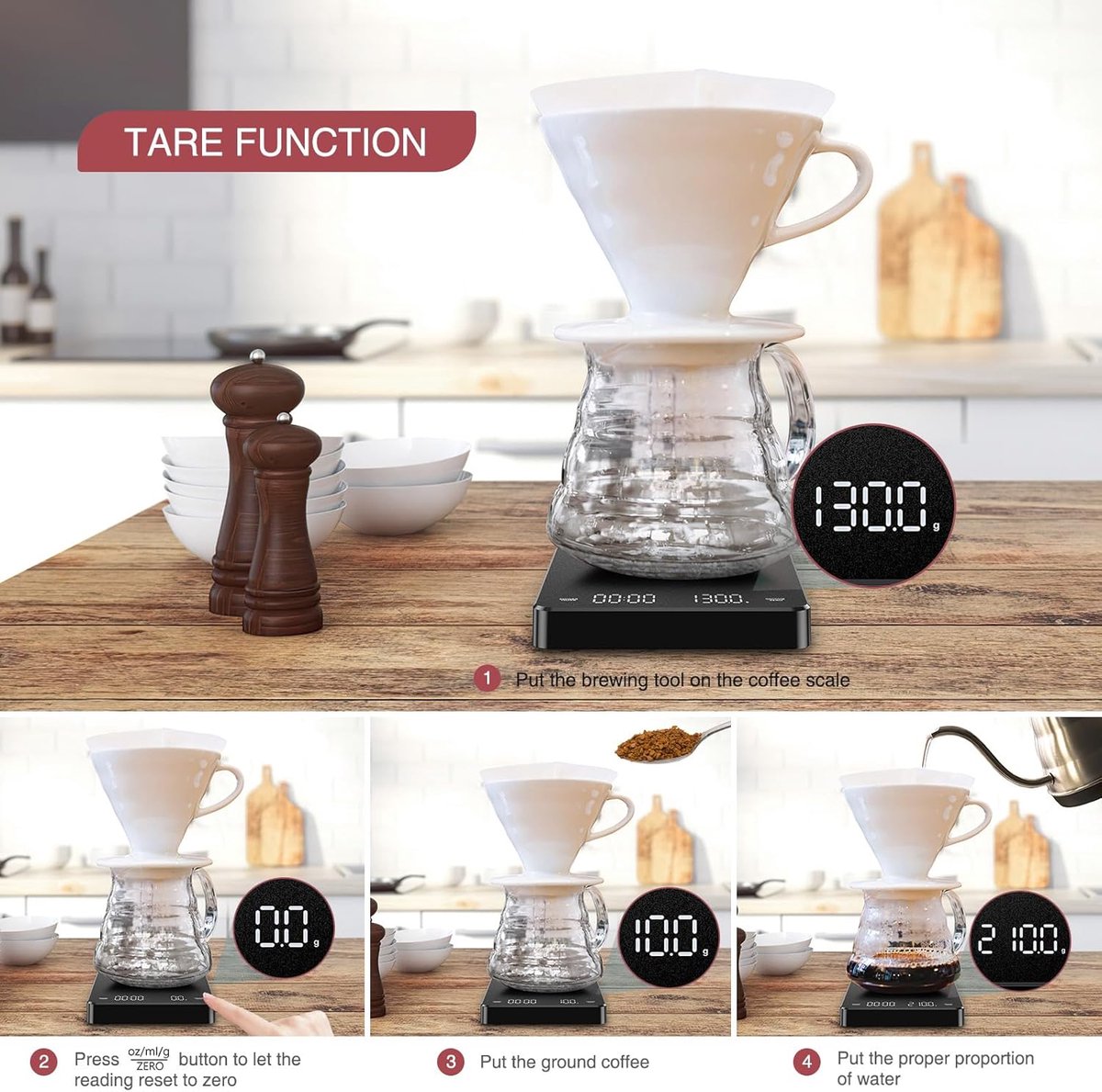 Coffee Scale - Digital Coffee Scale with Timer - Rechargeable for Filter Coffee, 3 kg / 0 g Digital Espresso Scale - with Peeling Function - 3 Units, LED — image 2