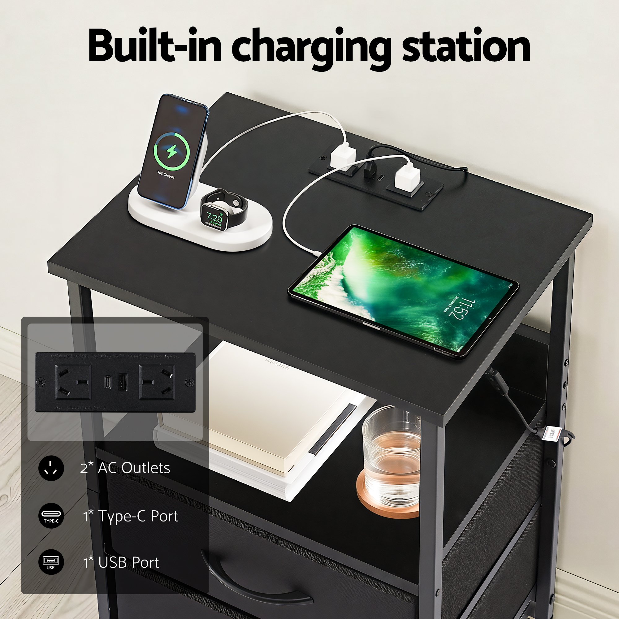 Artiss Bedside Table LED Nightstand Charging Station 2 Drawers Foldable Black — image 6