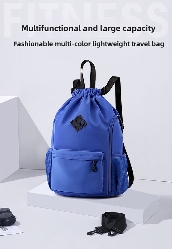 Large Drawstring Backpack Waterproof Gym Bag Lightweight Sports Sackpack with Zipper Pockets for Travel and Swimming navy blue โ image 5