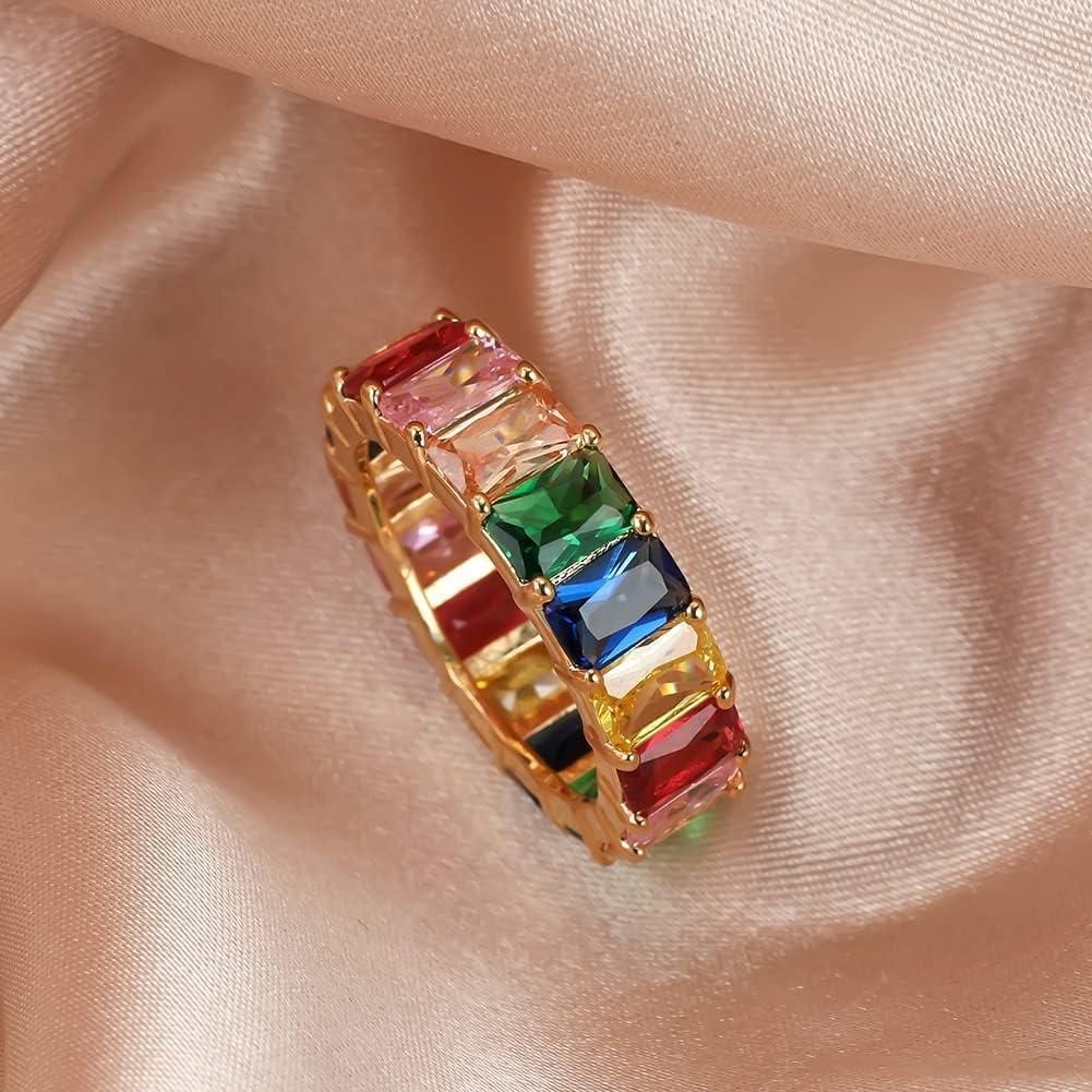 Rainbow Zircon Gemstone Ring Women's Stainless Steel Colourful Ring Size 6-10 - Silver-Multicolor-7 — image 4