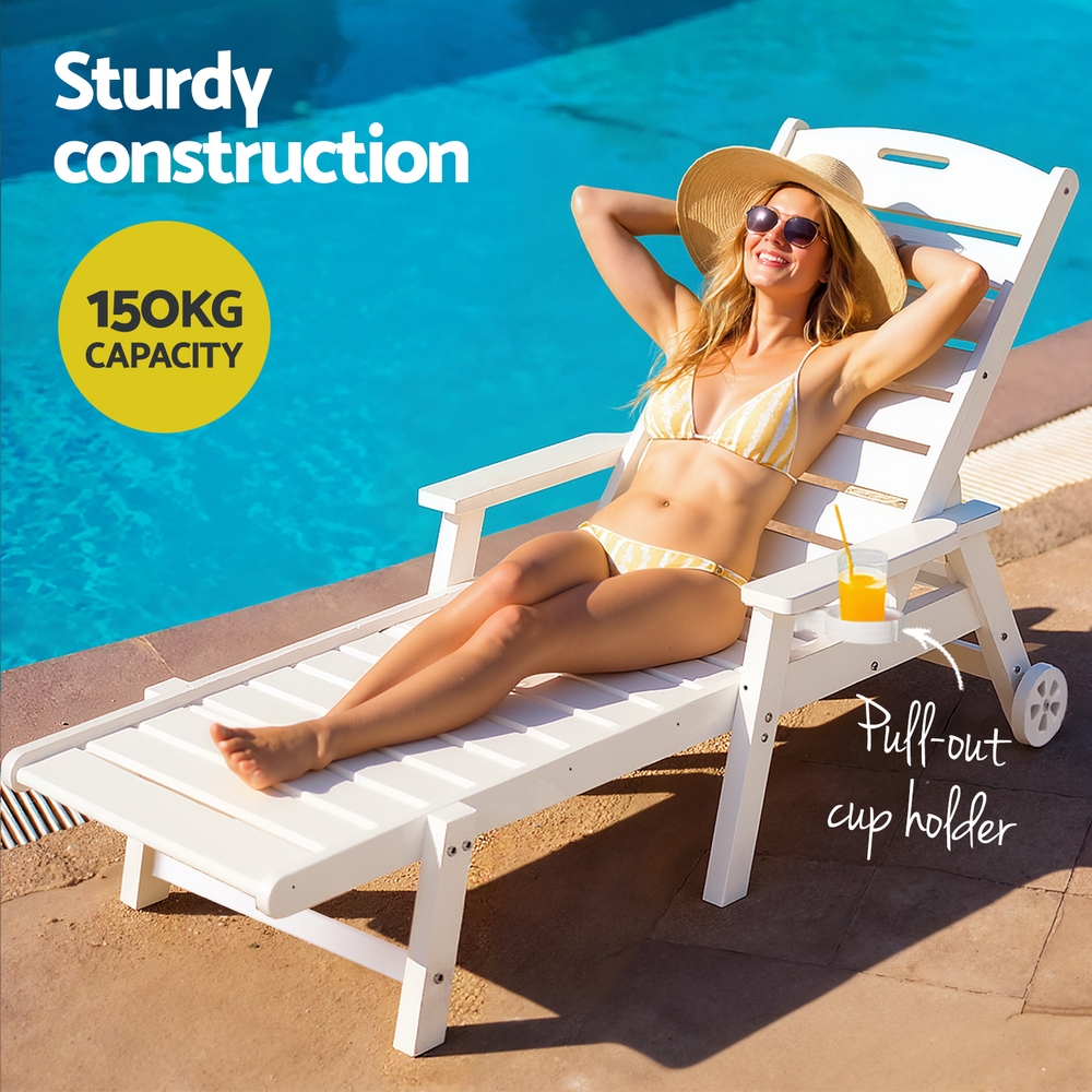 Gardeon Sun Lounge Lounger Beach Chair HDPE Patio Outdoor Furniture with Wheels White — image 6