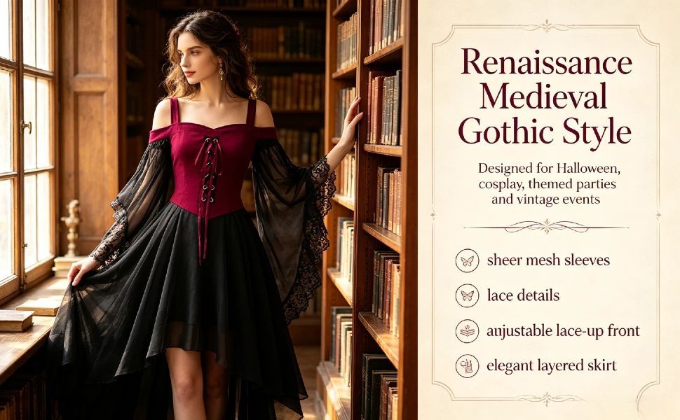 Women Witch Dress Halloween Costumes Vampire Woman Renaissance Medieval Butterfly Sleeve Mesh Gothic Dresses - Black - Size L — image 3