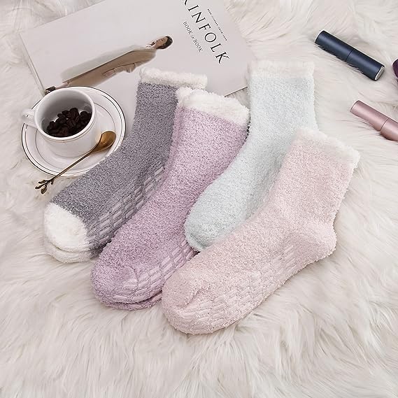 Non-slip socks - Coral fleece socks - with grip - lint-free - suitable for ladies - 4 pairs - gift โ image 6