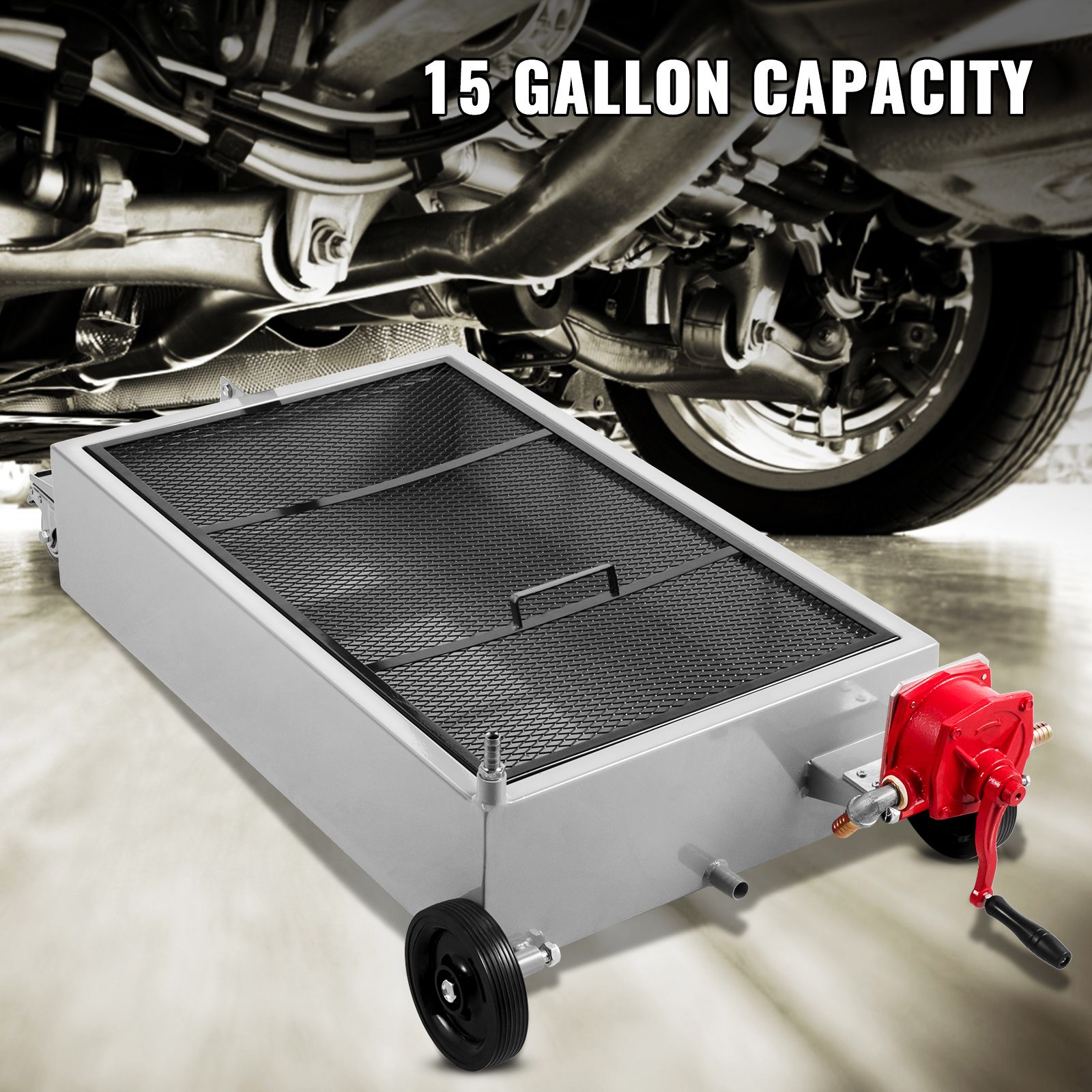 Low Profile Oil Drain Pan Truck Drain Pan 57 L with Pump Hose Casters — image 2