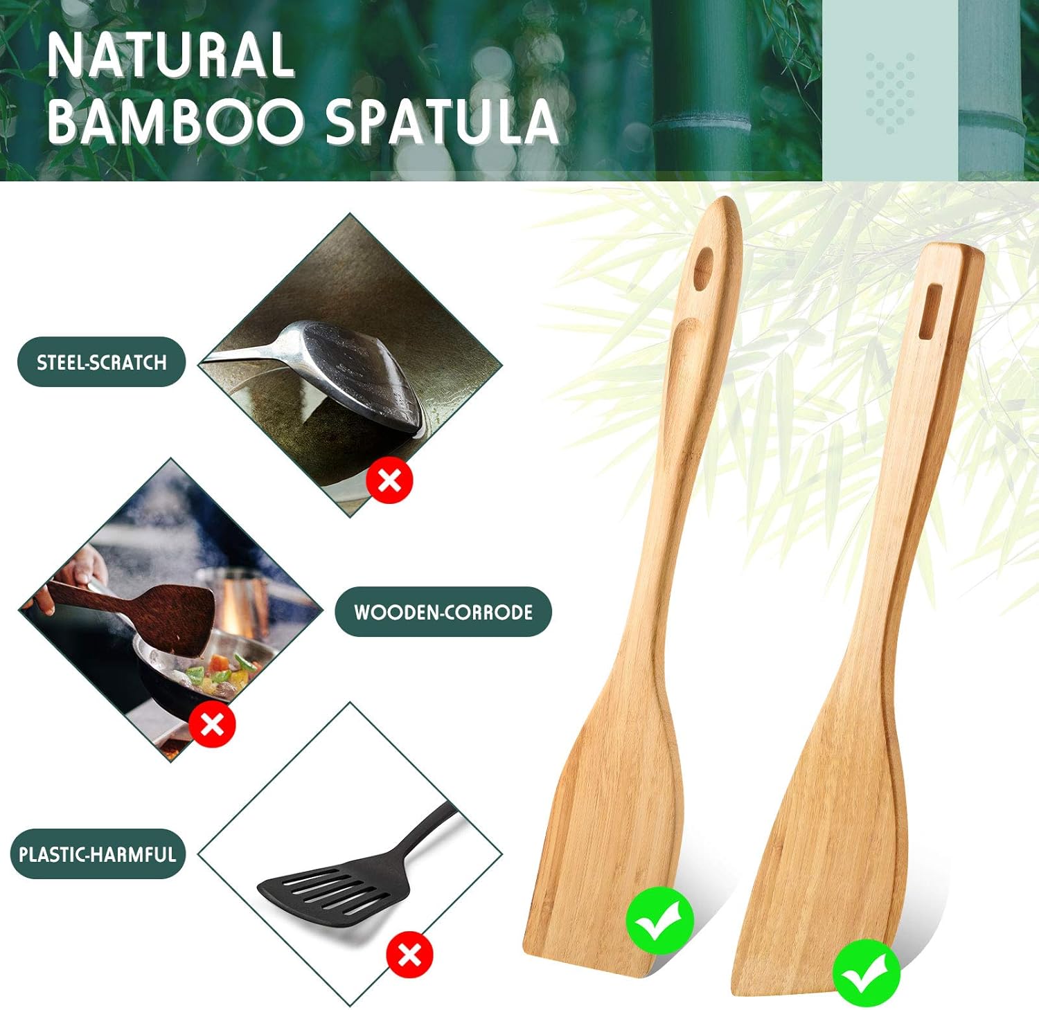 3 Pieces Bamboo Cooking Spatula and Paddle Set Bamboo Turner Wok Spatula Spoon Heat Resistant Kitchen Utensil for Nonstick Cookware, 3 Styles โ image 4