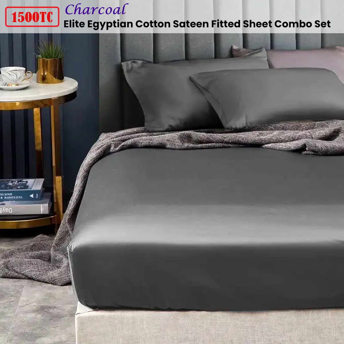 Ramesses 1500TC Elite Egyptian Cotton Sateen Fitted Sheet Combo Set Charcoal Single — image 2