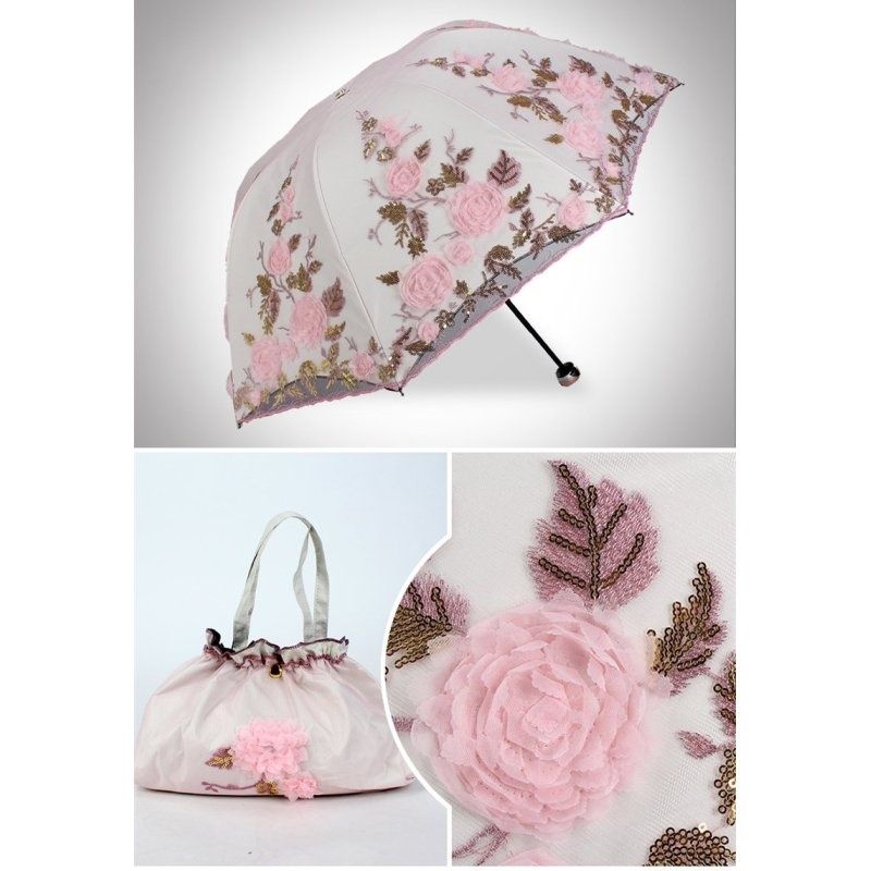 Vintage Lace UV Sun Parasol Folding 3D Flower Embroidery Umbrella Lace embroidered umbrella for both sunny and rainy use — image 4