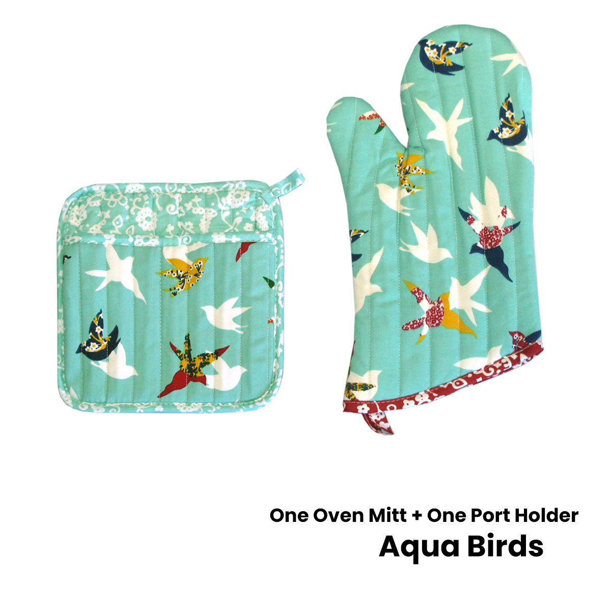 Set of 100% Cotton Printed Oven Mitt + Pot Holder Aqua Birds โ image 2