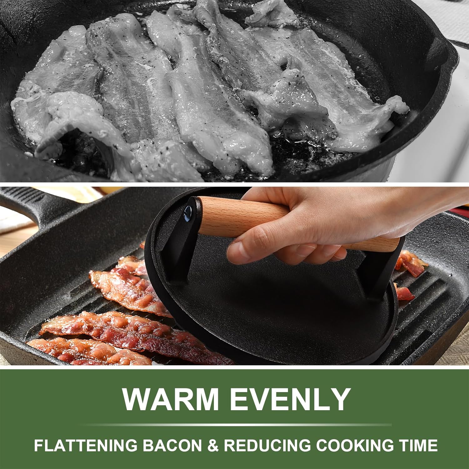 Burger Press, 7" Round Heavy-Duty Cast Iron Smash Bacon Press Meat Steak with Wood Handle for Griddle, Sandwich, Nonstick Pan — image 5