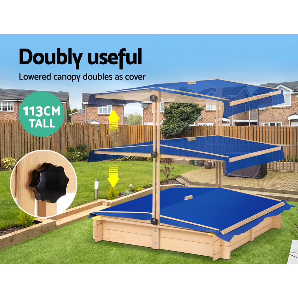 Keezi Kids Sandpit Wooden Sandbox Sand Pit with Canopy Bench Seat Toys 101cm — image 6