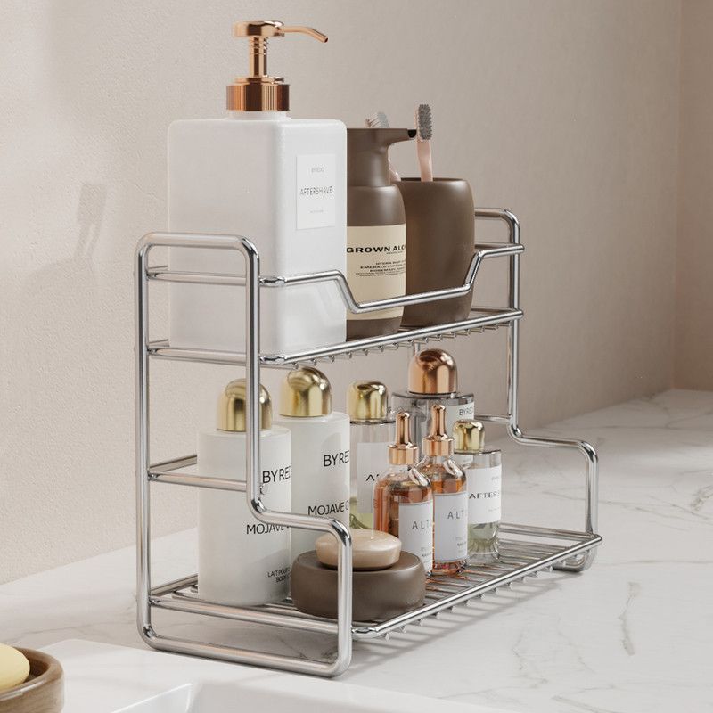 304 Stainless Steel Two Layers Tabletop Storage Rack Kitchen Spice Rack Bathroom Cosmetics Mouthwash Cup Organizer Shelf-Silver โ image 6