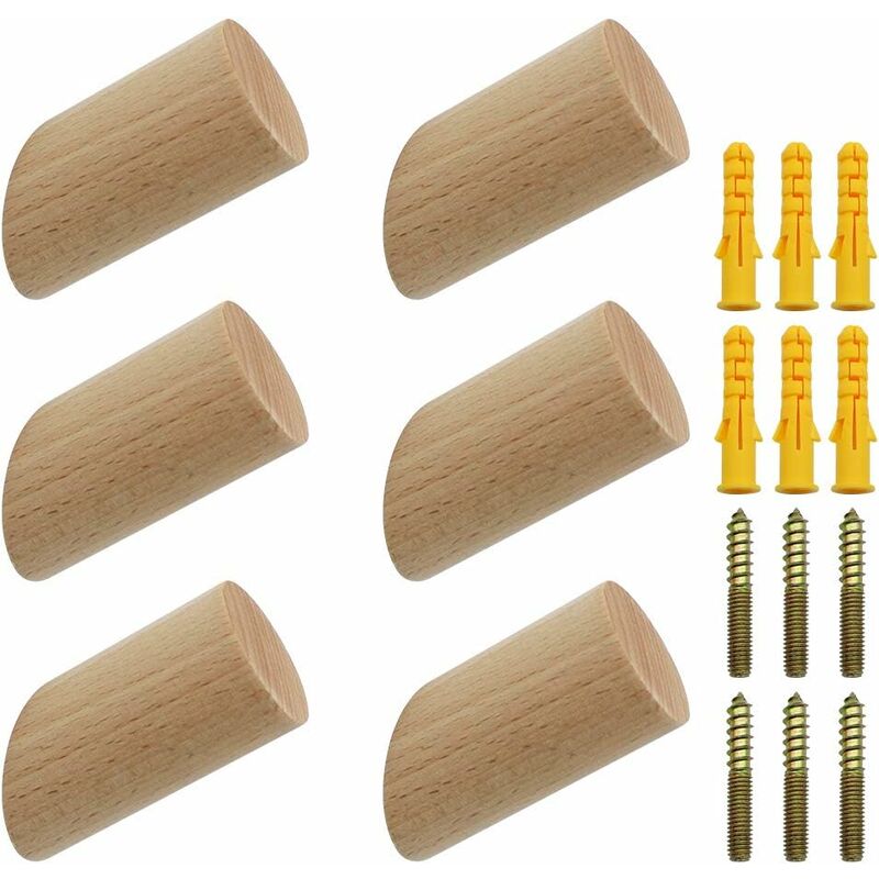 6 pcs Set Beech Wood Wall Hooks 3 × 6Cm Cylinder Wall Mounted Coat Hook Decorative Hook For Coat Hat Scarf Bag Towel