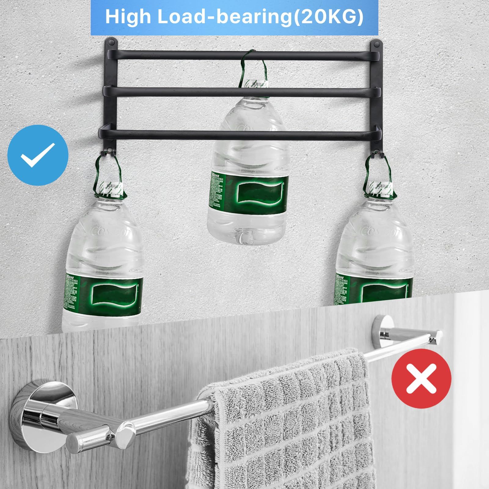 Towel Rack Wall Mounted for Bathroom, Aluminum 19in Bathroom 3 Tier Towel Bar with Hooks Black Waterproof Rust Bath Towel Rack — image 5