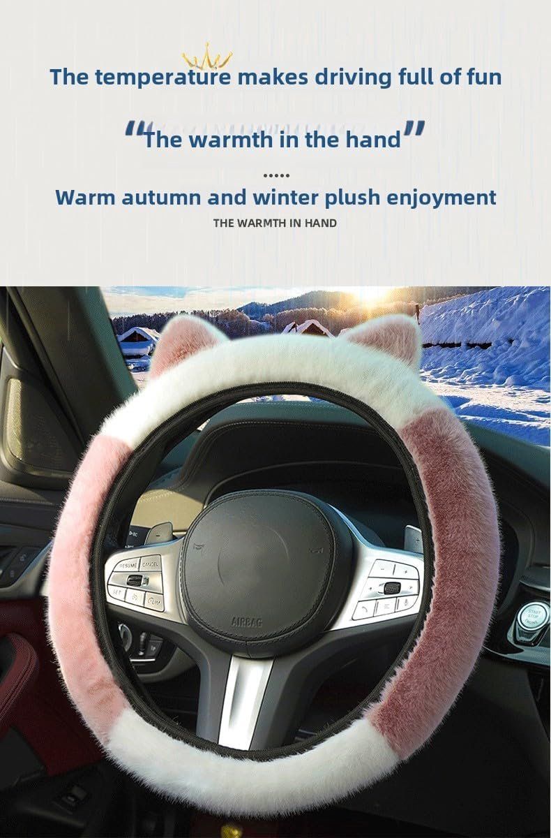 Winter Steering Wheel Cover, Plush Cat Ear Fleece Steering Wheel Warmer for Frost Protection and Soft Grip, 37-38 cm, White and Pink โ image 2