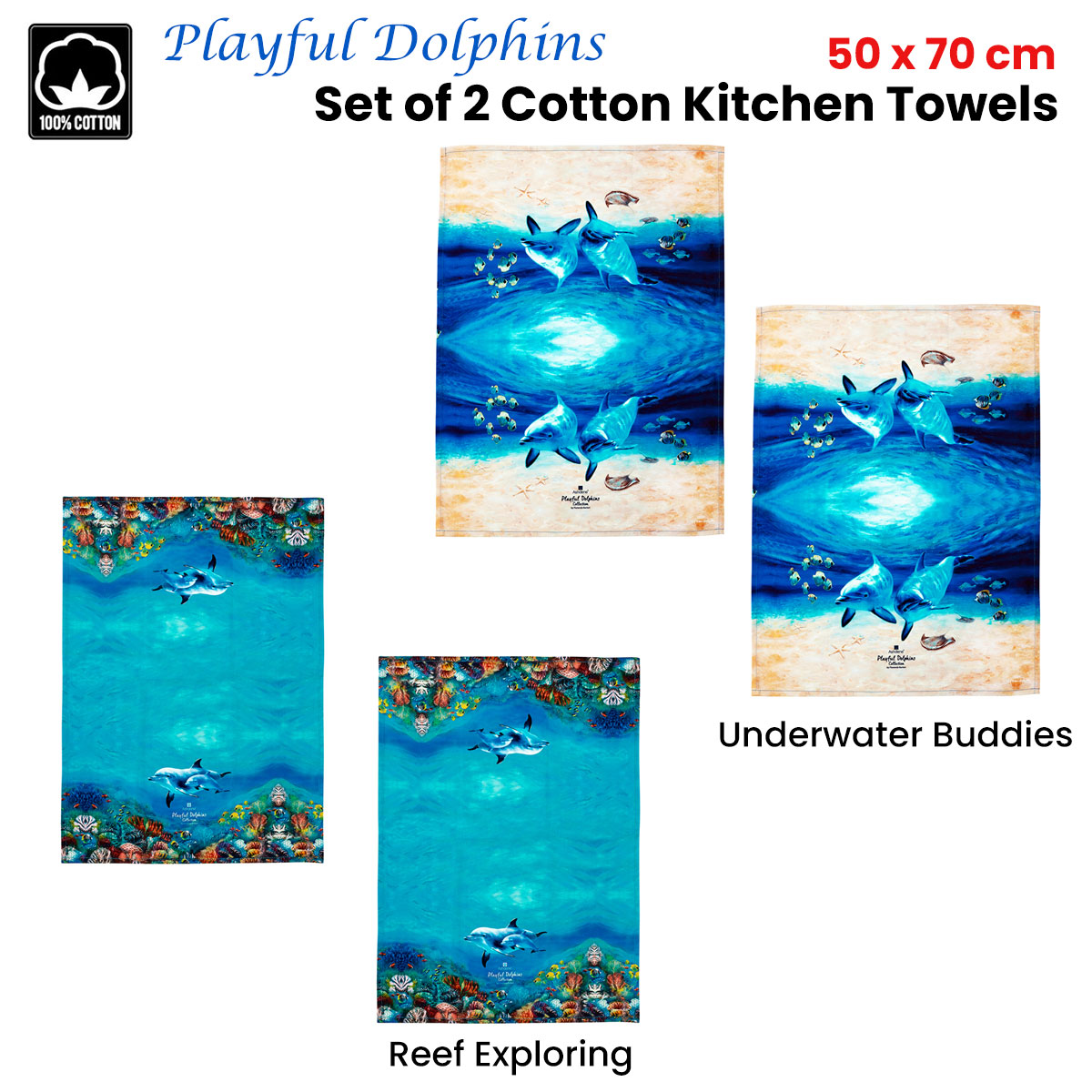 Ashdene Set of 2 Playful Dolphins Cotton Kitchen Tea Towels 50 x 70 cm Underwater Buddies — image 3