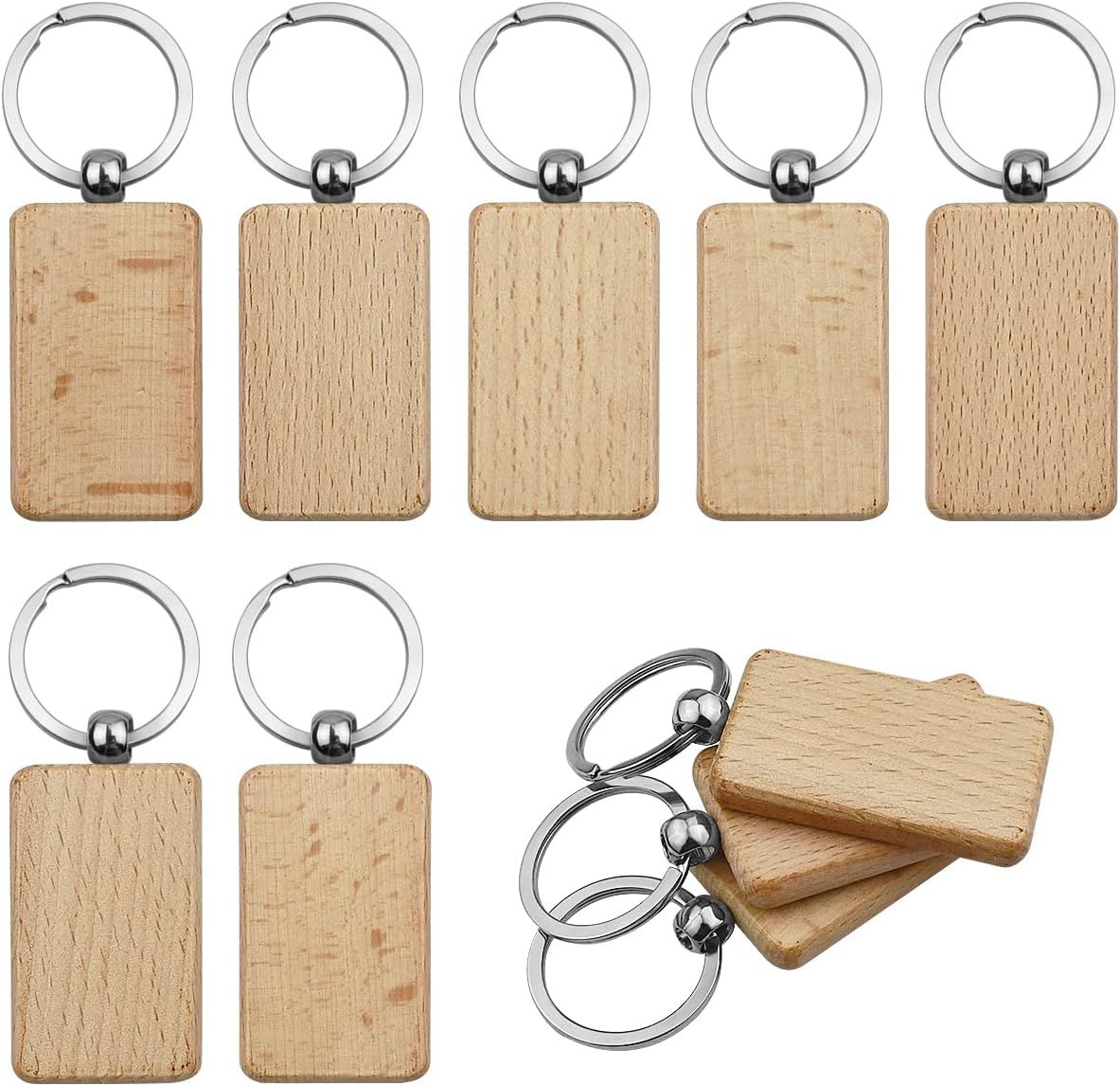 10 Pieces Unfinished Rectangle Wooden Keychains with Split Rings, Blank Wood Tags for Engraving, Painting, DIY Gifts and Crafts, 3 cm