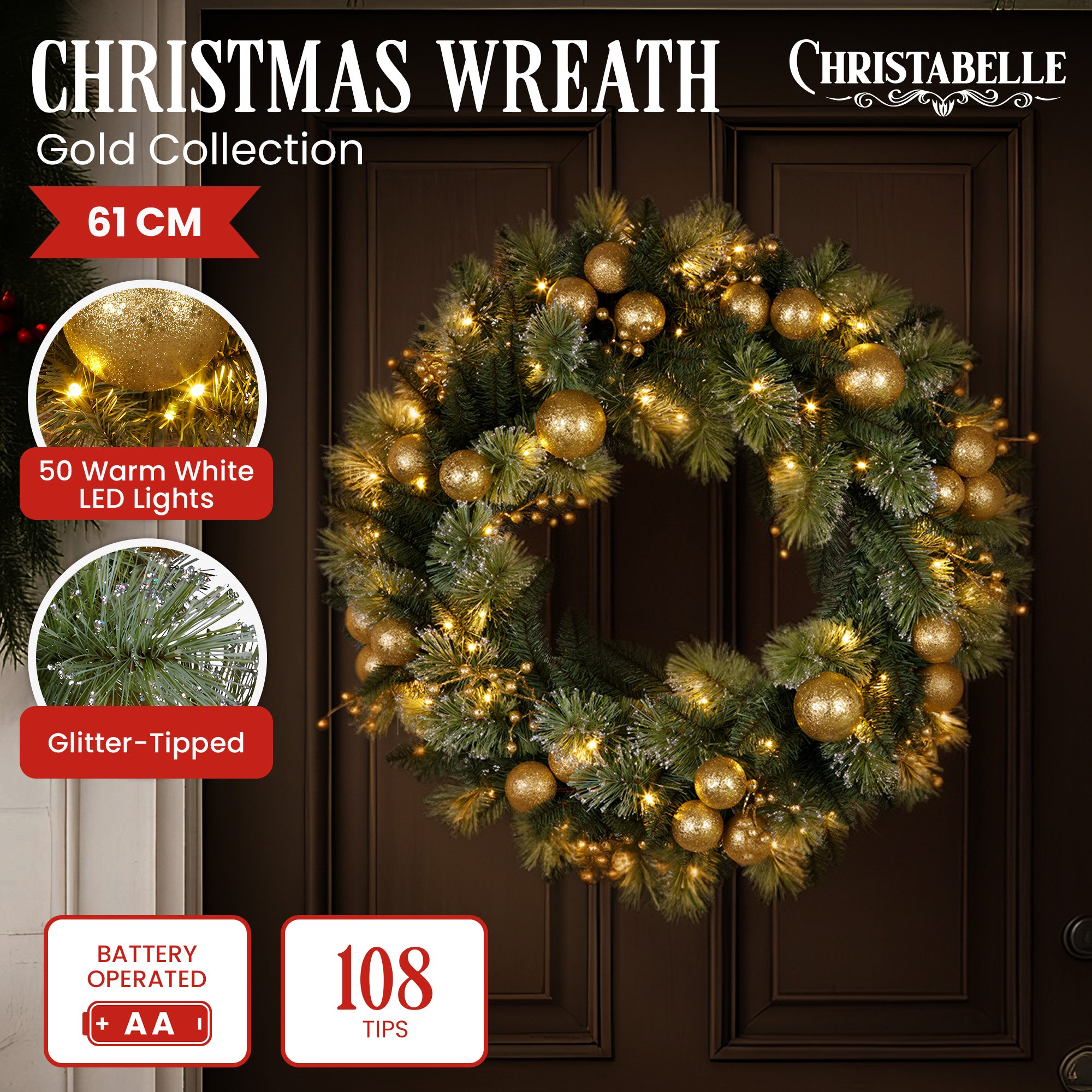 Christabelle 61cm Christmas Wreath Glittery Tipped with LED Lights and Golden Baubles Front Door Decoration Ornament โ image 2