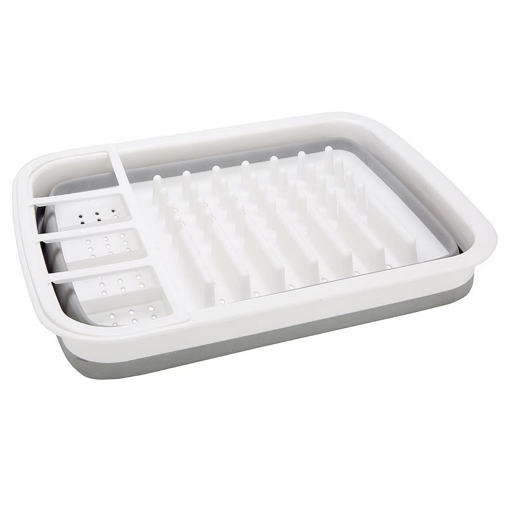 Silicone Clear & Grey Dish Drying Rack with 4 Silverware Slots Compact Size | Collapsible Space-Saving Design Fits in Cabinet（Excluding tableware ）