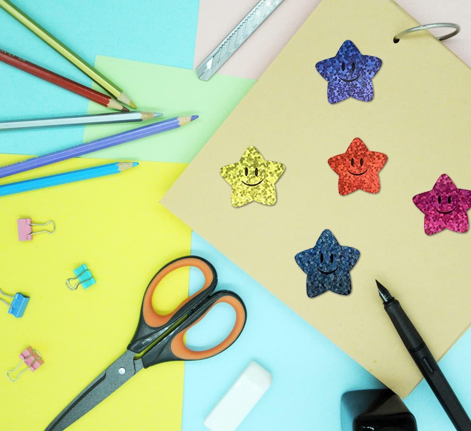 500Pcs Star Stickers,Smiley face Star Stickers for Kids Reward Colored Sparkly Foil Star Stickers for Student Planner and School — image 3