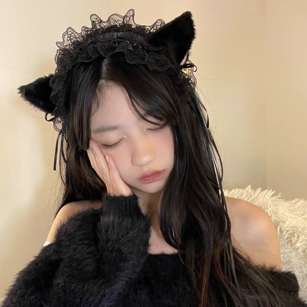 1 pcsCat Headband Light Up Lace Cat Headband Ear Cosplay Costume for Party Halloween Dress Up (Black) — image 2