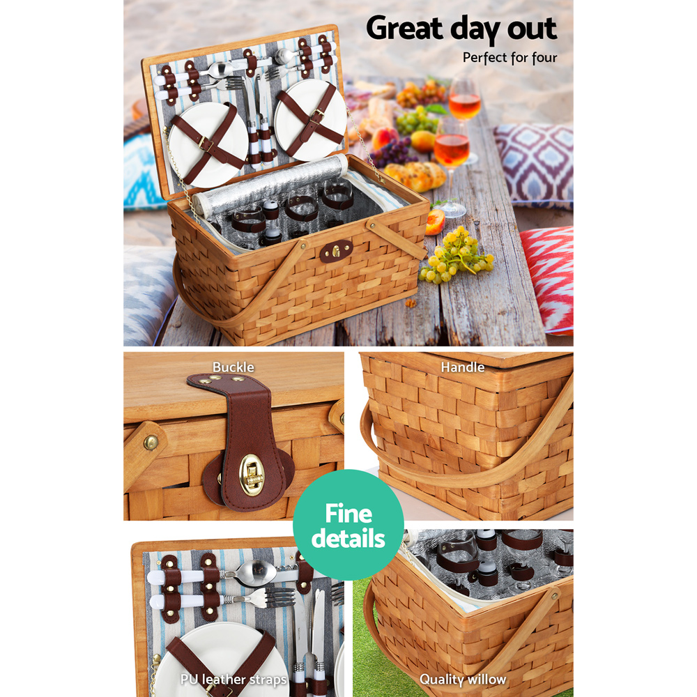 Alfresco 4 Person Picnic Basket Set Wooden Blanket Cooler Bag Outdoor Insulated — image 4