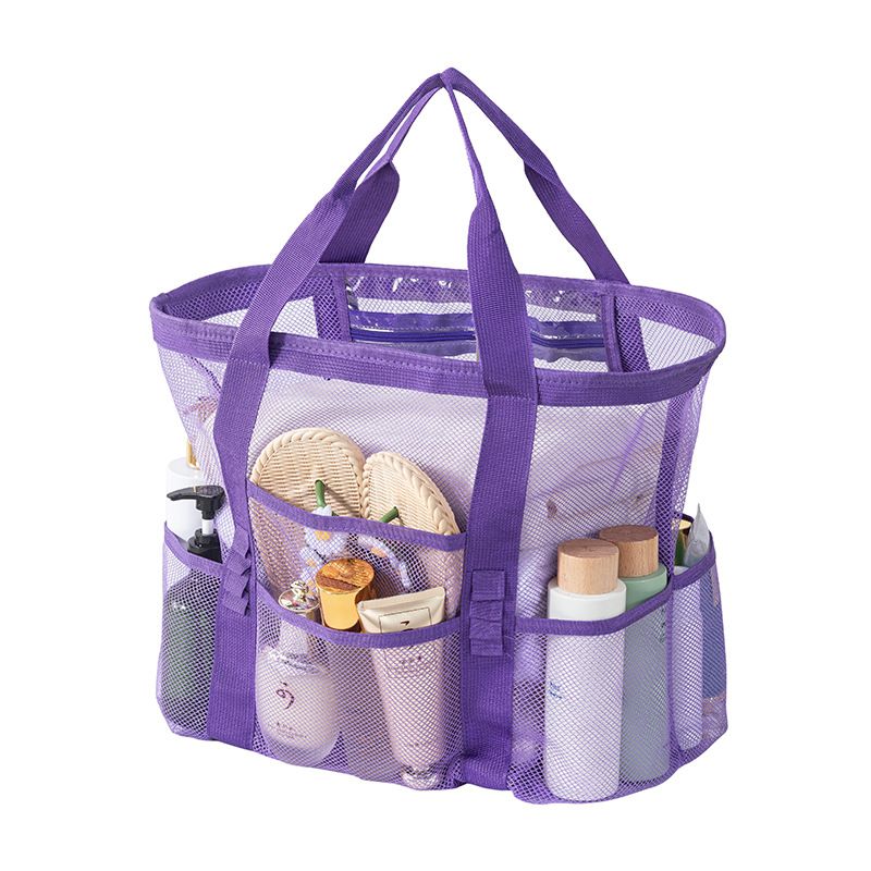 Purple large size Large Capacity Mesh Beach Tote Bag - Breathable PET with Multi-Pocket Storage, Quick-Dry Design for Travel, Gym, and Poolside Use
