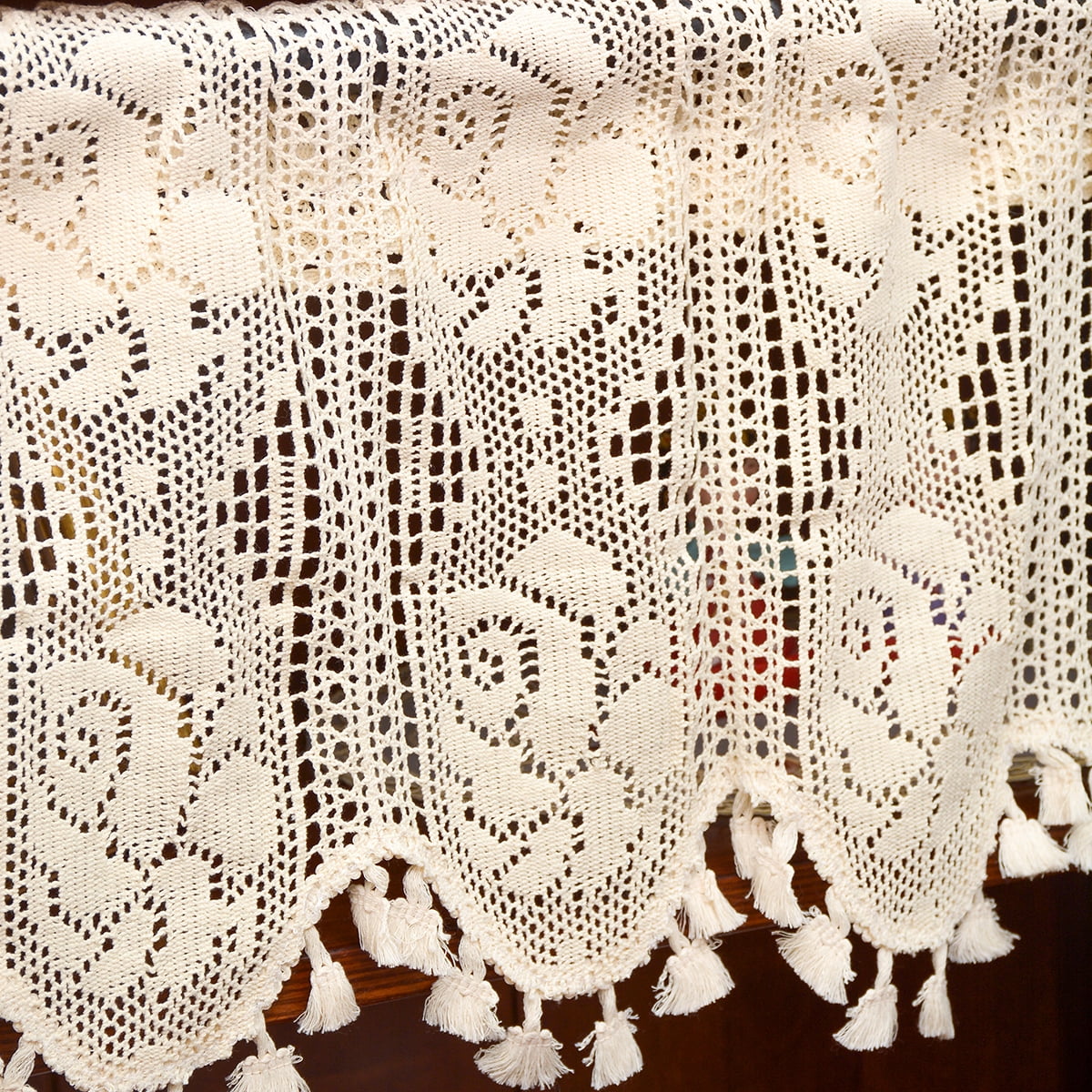 Vintage Curtains with tassels Curtain Valance for Kitchen Cafe, Short Boho Sheer Lace Crochet Curtain for Dinning Room 37" W x 14" L beige โ image 2