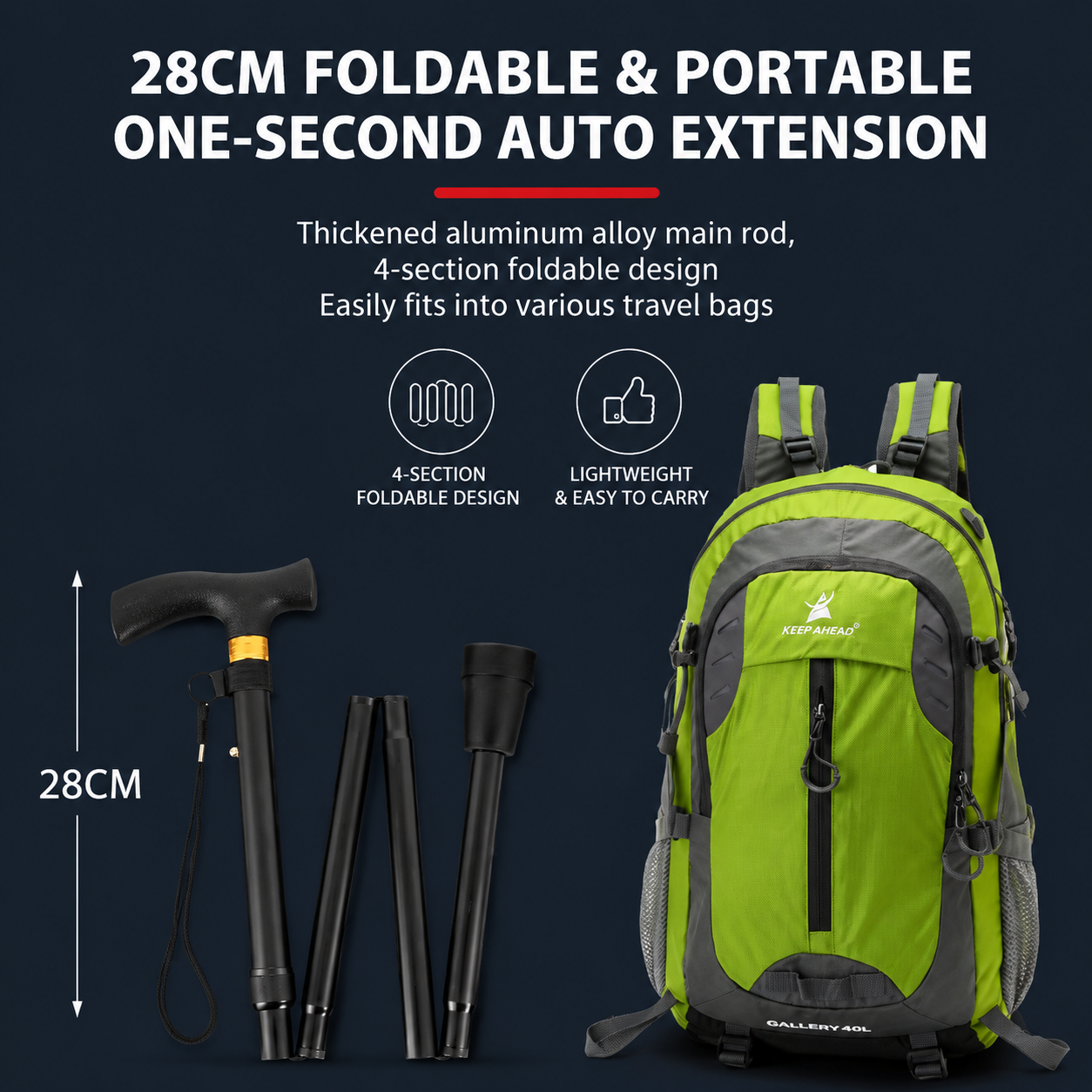 Folding Hiking Stick Brown - Adjustable Aluminum Telescopic Walking Cane, 5-Height Settings 82-95cm, Lightweight Portable Trekking Pole for Seniors โ image 5