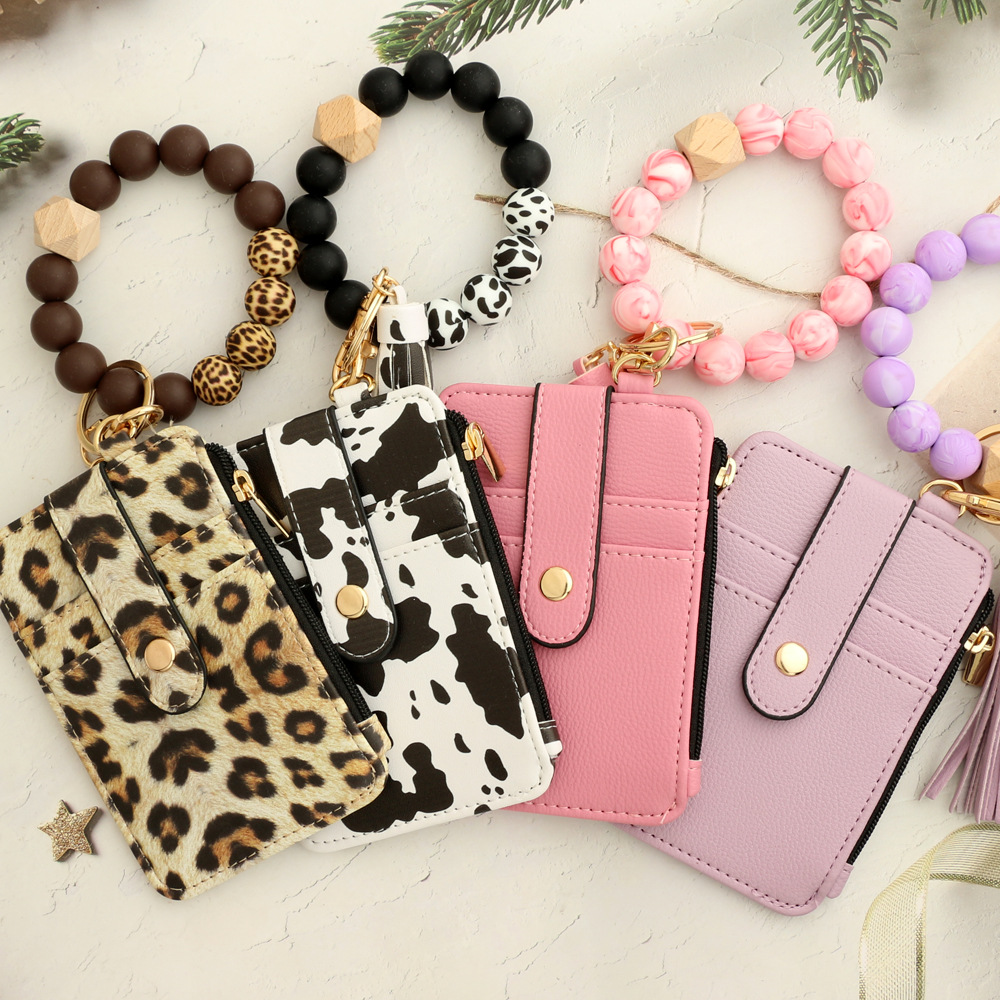 2-PCS Black Silicone Bead Keychain Bracelet Wallet PU Leather ID Card Holder with Tassel Wristlet Bangle for Women โ image 3