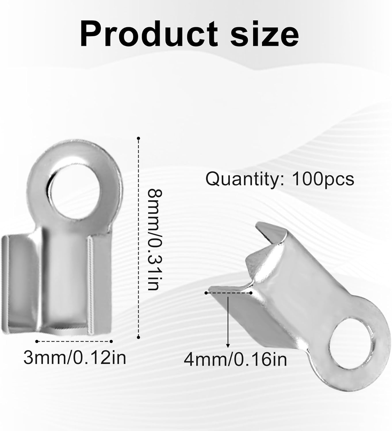 Vin Beauty 100 Pieces Fold Over Cord Ends Stainless Steel Cord Crimp End Tips Fold-Over End Caps Leather Ribbon Ending Clasp Tips Connectors for Jewelry Making