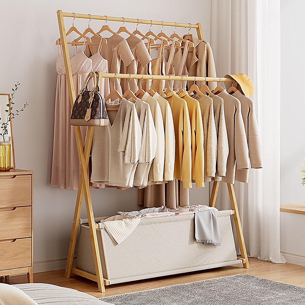 100x155cm Wood Clothes Rail Garment Rack with Freestanding Storage Shelf โ image 3