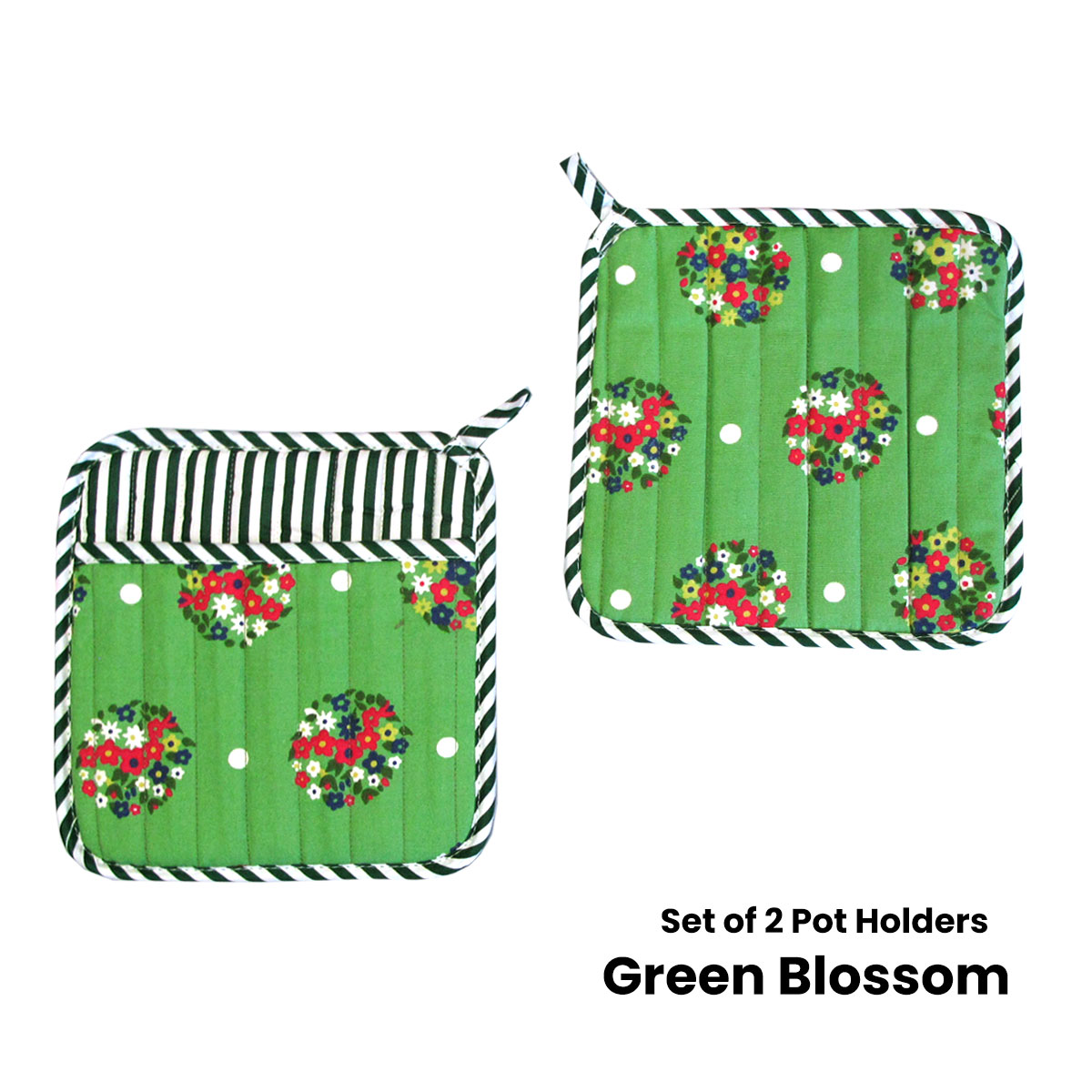 Set of 2 100% Cotton Printed Pot Holders 22 x 22 cm Green Blossom โ image 2