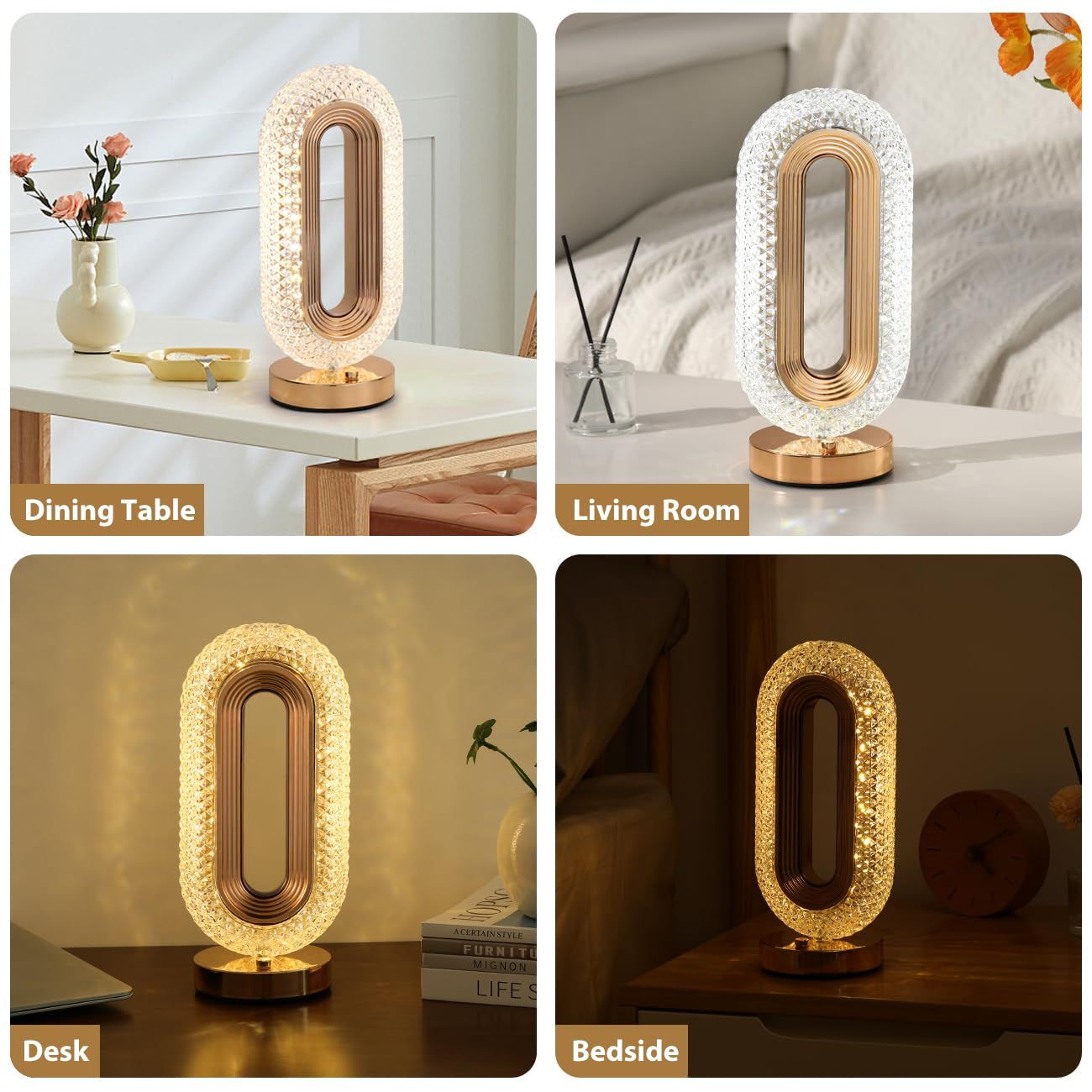 Oval Table Lamp, Stepless Dimmable Touch Lamp with 3 Colors, Rechargeable Night Light with USB Port, Crystal Modern Oval Light — image 5