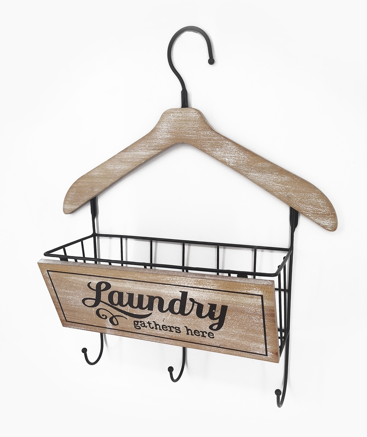 Wooden Laundry Hanger W Basket & 3 Hooks 40 × 48cm