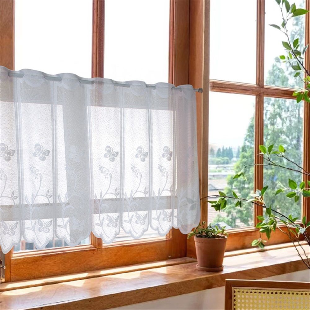 2 Pcs Rod Pocket polyester Curtain White Mesh Window Kitchen Embroidery Floral Voile Curtain forKitchen Cafe Dinning Bath Room, 130*45cm(Only curtains) — image 2