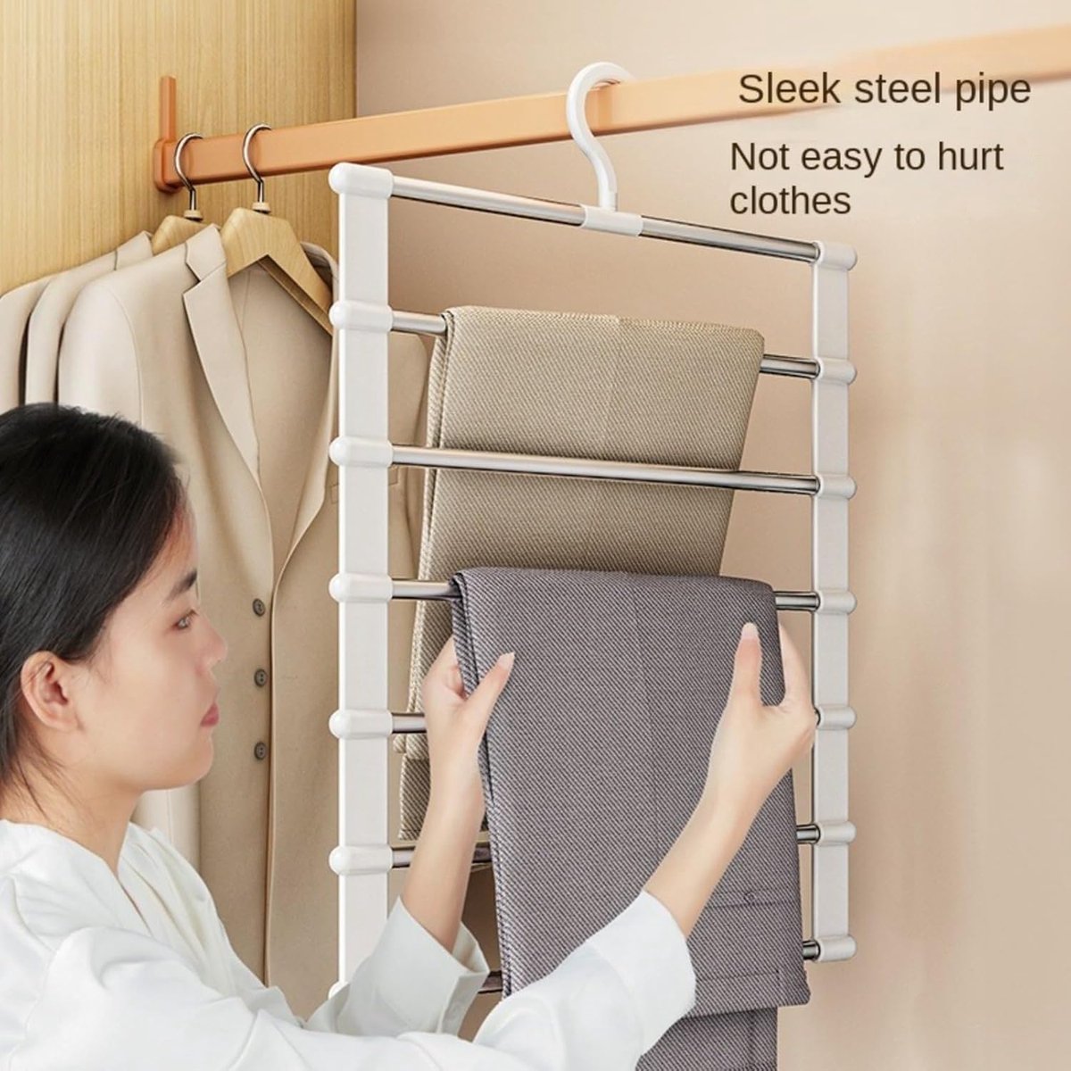 6-in-1 Trouser Hanger - Clothes Hanger - Space-Saving - Hang Up to 6 Trousers - Multiple Trousers - For Women and Men - For Trousers, Scarves, Jeans — image 4