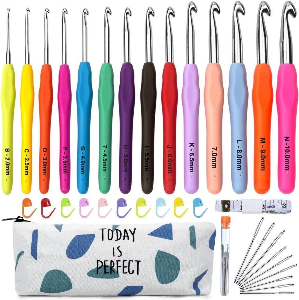 36-Piece Knitting Kit with Crochet Hooks, Markers, Measuring Tape, Ergonomic Soft Rubber Handles, Colorful, with Case