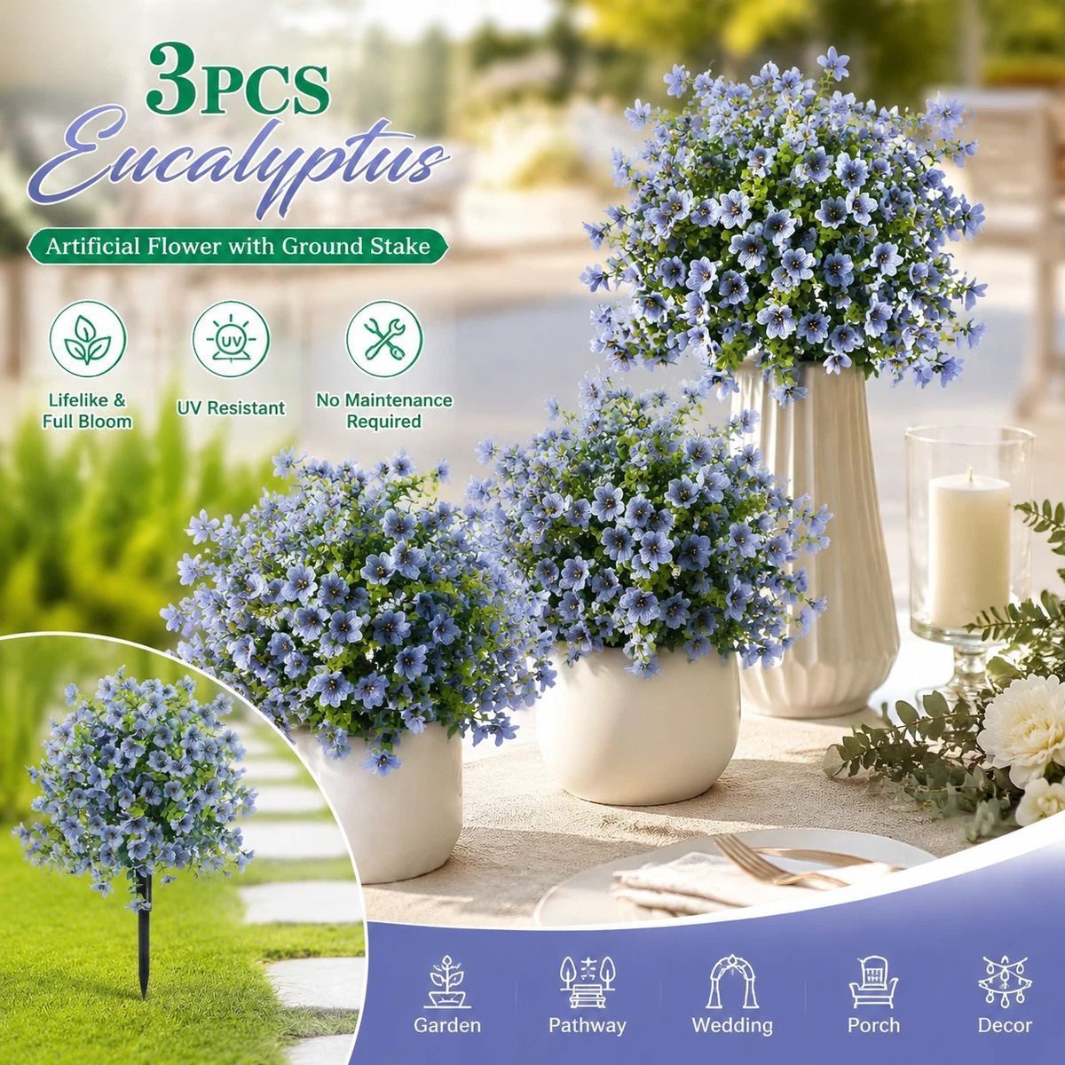 Sky Blue Faux Floral Greenery 3 Pack Garden Stake Home Interior Styling