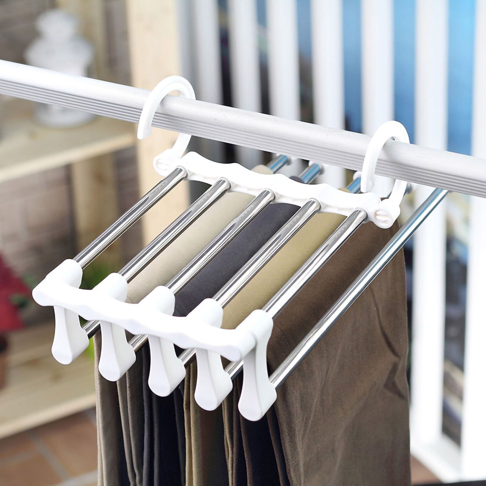 Stainless Steel Hangers Home Multifunctional Foldable Trouser Rack Retractable Trouser Storage Rack Trouser Rack White โ image 5