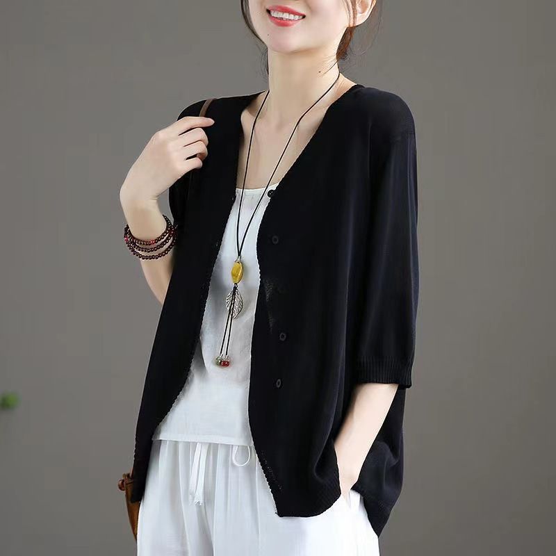 Ice Silk Women Cardigan Loose V Neck Half Sleeve White XXXL โ image 5