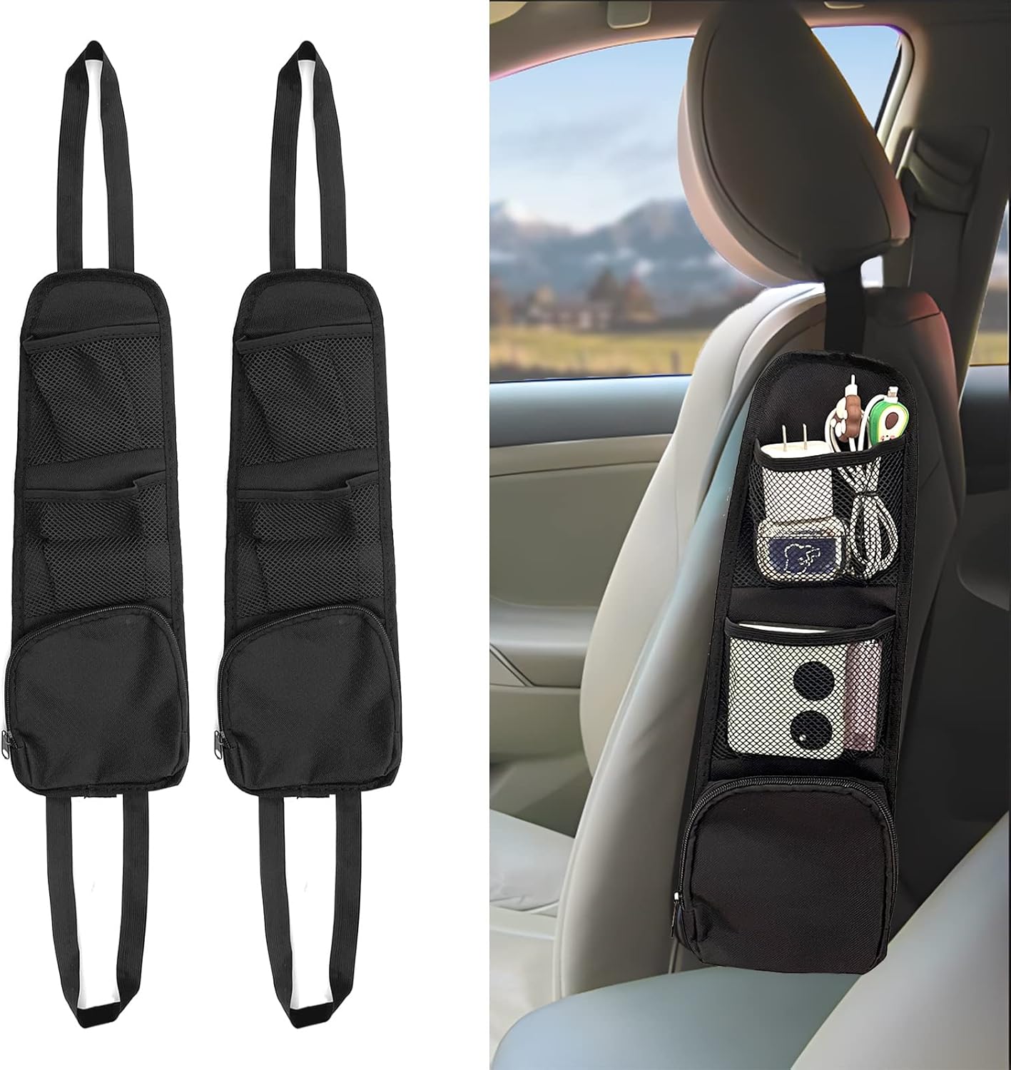 2PCS Car Seat Storage Hanging Bag, Multi-Pocket Seat Side Organizer, Multifunctional Mesh Net Pocket, Can Hold Mobile Phone, Wallet, Glasses, Suitable for
