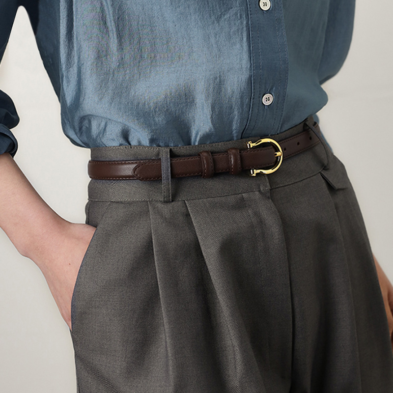 95CM Brown Elegant French Gold Buckle Genuine Leather Belt - Luxurious Lightweight Women's Waist Belt — image 4