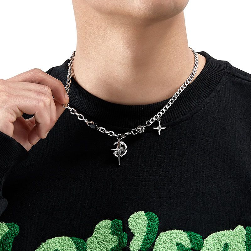 Gothic Cross & North Star Dual-Pendant Splicing Necklace for Men and Women - Titanium Steel Iced Out Cuban Link Chain with Black Gemstone Accents — image 5