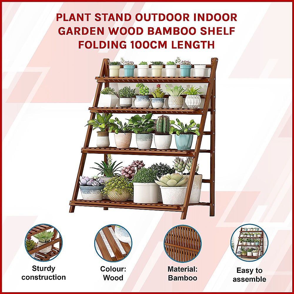 Plant Stand Outdoor Indoor Garden Wood Bamboo Shelf Folding 100CM Length โ image 3