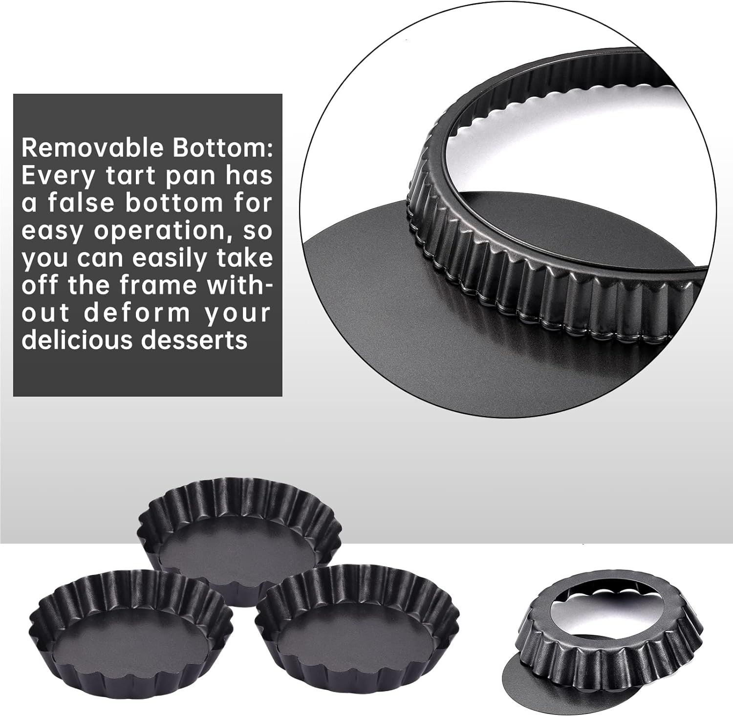 9 in Non-Stick Tart and Quiche Pan with Removable Bottom and 4 Mini Tart Pans 4-inch, Heavy Duty Fluted Side for Pies, Mousse Cakes, Dessert Baking (5 Pack) — image 5
